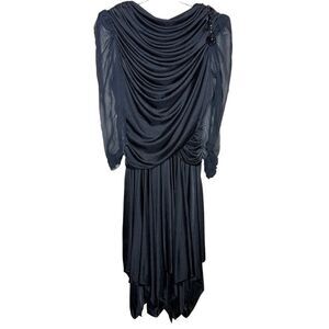 Vintage Filigree Black Long Sleeve Whimsigoth Dress Size 10 Puff Sleeve Ruched